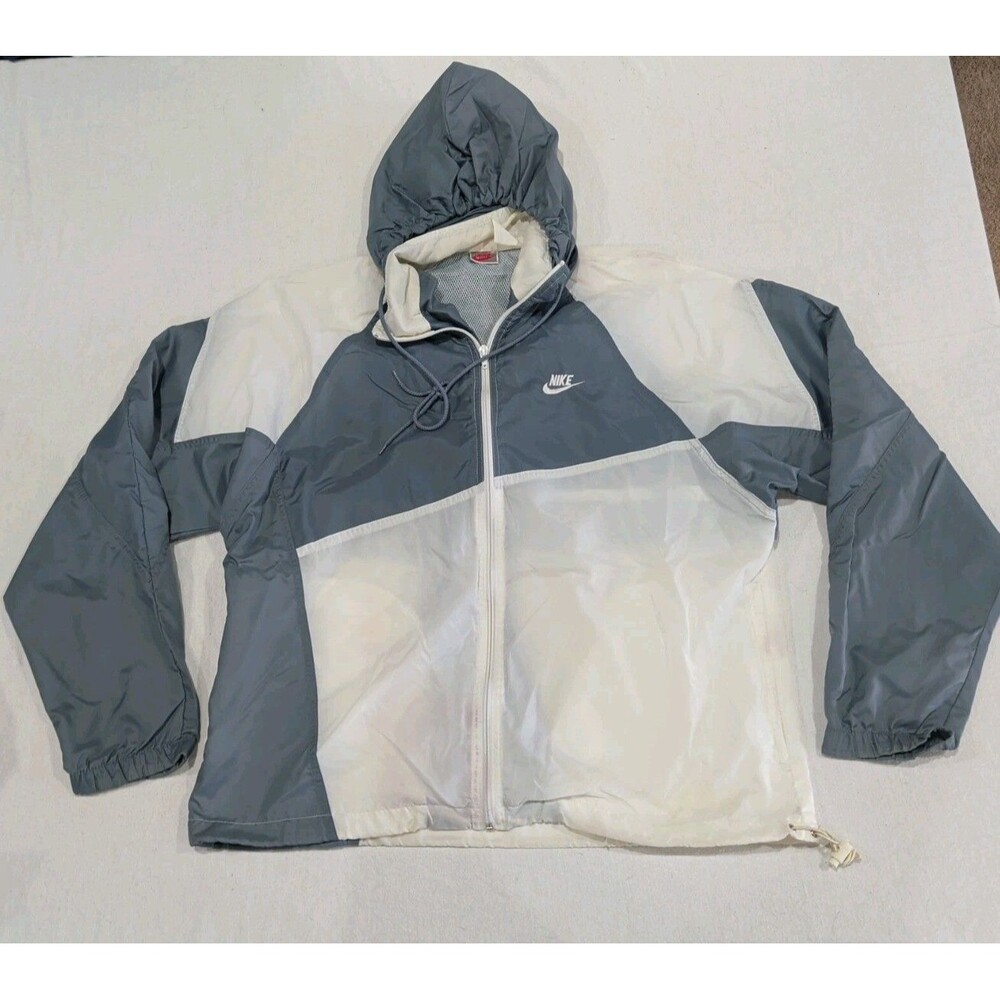 Vintage Nike Gray White Windbreaker Jacket Full Zip Packable Hooded Adult Large